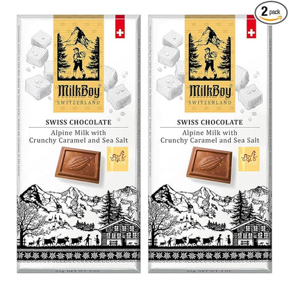 Milkboy Swiss Chocolates Milk Chocolates - Alpine Milk Chocolate Bars with Crunchy Caramel Sea Salt - Gluten-Free Non-GMO All Natural - Made in Switzerland - 3 oz, Pack 2
