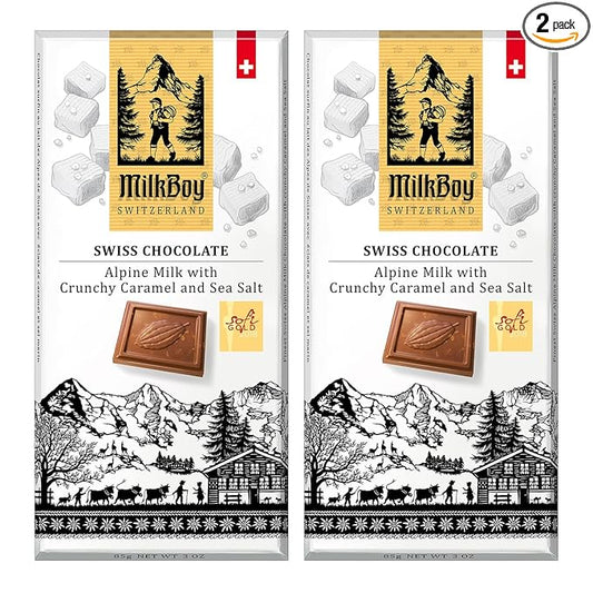 Milkboy Swiss Chocolates Milk Chocolates - Alpine Milk Chocolate Bars with Crunchy Caramel Sea Salt - Gluten-Free Non-GMO All Natural - Made in Switzerland - 3 oz, Pack 2