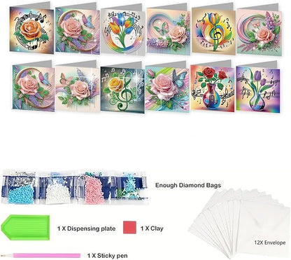 jinglinhh 12pcs Diamond Art Painting Romantic Rose Tulip Flower Bouquet Musical Notes Greeting Cards with Envelopes, DIY Card Making Kits for Adults, Diamond Art Postcards Christmas Cards Craft Gifts