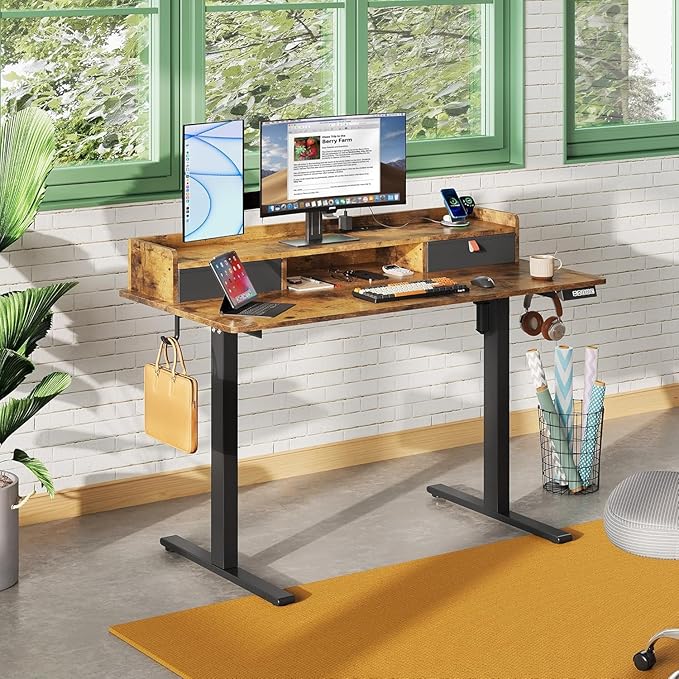 DEVAISE 48×24 Inch Electric Standing Desk with Drawers, Computer Desk with 3 Adjustable Height, Storage Shelf, Built-in 2 AC + 2 USB Outlets and Memory Preset, Sit to Stand Desk for Home Office, White