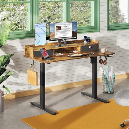 DEVAISE 48×24 Inch Electric Standing Desk with Drawers, Computer Desk with 3 Adjustable Height, Storage Shelf, Built-in 2 AC + 2 USB Outlets and Memory Preset, Sit to Stand Desk for Home Office, White