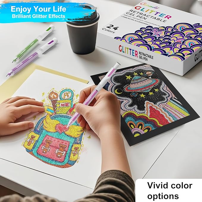 24 Colors Retractable Glitter Gel Pens, Colored Gel Pens, For Artists Coloring Books Drawing Journaling Doodling Writing Back to School Supplies
