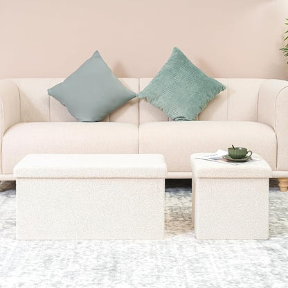 B FSOBEIIALEO Small Storage Ottoman Cube Sherpa Ottomans Foot Rest, Foldable Boucle Ottoman Bench, Faux Teddy Fur, Cream White 30"x15"x15"