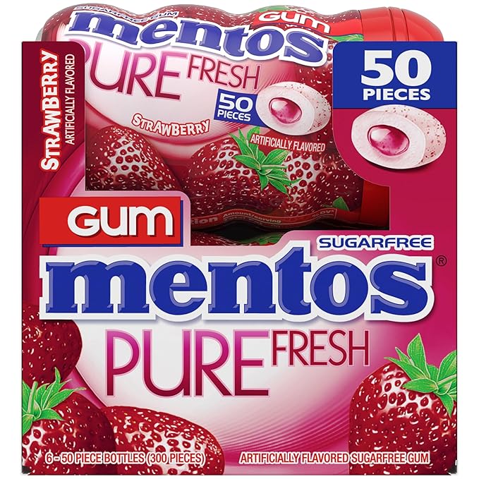 Mentos Pure Fresh Holiday Sugar-Free Chewing Gum with Xylitol, Strawberry, Christmas Stocking Stuffers for Adults & Kids, 50 Piece Bottle (Bulk Pack of 6)