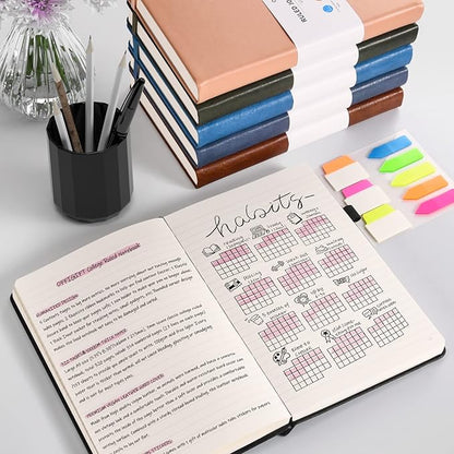 Lined Journal Notebook, Large A5 College Ruled Notebook, 312 Numbered Pages Work Notebook with Index Stickers, 100gsm Thick Paper, Hardcover Vegan Leather Journal for Women Men School Office, Black