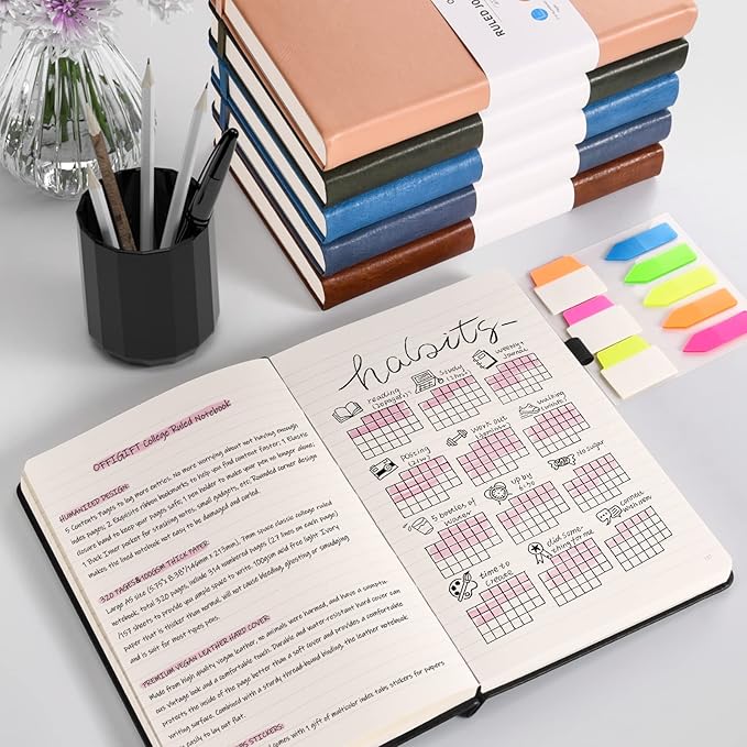 Lined Journal Notebook, Large A5 College Ruled Notebook, 312 Numbered Pages Work Notebook with Index Stickers, 100gsm Thick Paper, Hardcover Vegan Leather Journal for Women Men School Office, Green