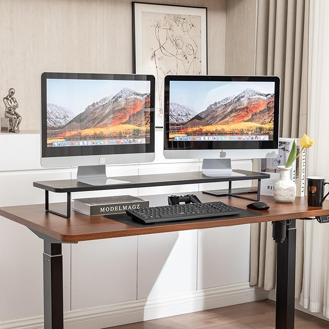 Dual Monitor Stand Riser,41.3'' Solid Bamboo&Steel Computer Monitor Riser, large monitor stand Suitable for 2 Monitors, Tvs, and Printers- (Black)