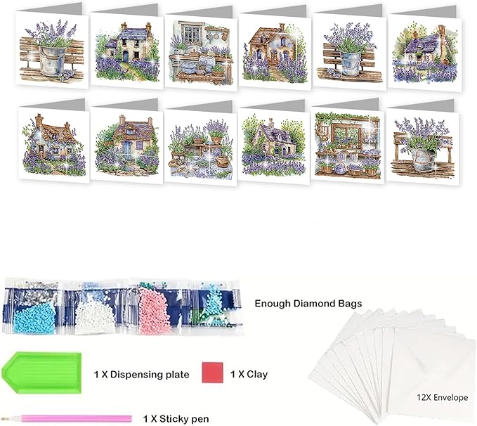 jinglinhh 12pcs Diamond Art Painting Lavender Flower House Bench Greeting Cards with Envelopes, DIY Card Making Kits for Adults, Diamond Art Postcards Christmas Cards Craft Gifts