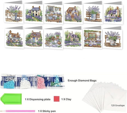 jinglinhh 12pcs Diamond Art Painting Lavender Flower House Bench Greeting Cards with Envelopes, DIY Card Making Kits for Adults, Diamond Art Postcards Christmas Cards Craft Gifts