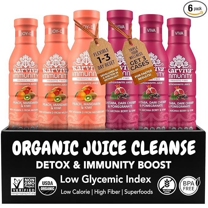 Karviva 3-Day Organic Juice Cleanse, Low-Sugar, Immunity Boost with Vitamin C & D, Inspired by Ancient Detox Tonic, Prebiotic Fiber, Electrolytes & Antioxidants, Gluten-Free (6 Bottle, 12 fl.oz. each)