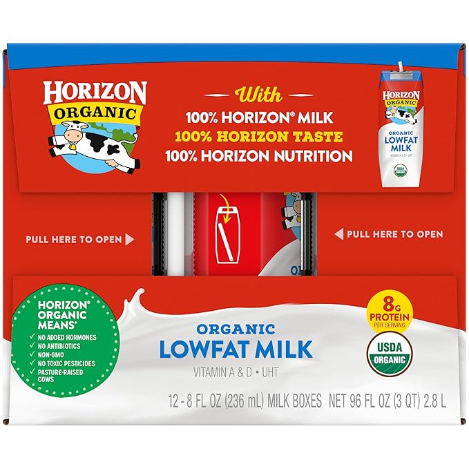 Horizon Organic Shelf Stable 1% Lowfat Milk Boxes, 8 fl oz, 12 Count - 8g Protein per Serving, USDA Organic UHT from Pasture-Raised Cows, Ready to Drink for Lunchbox, Travel, or On-the-Go, No Refrigeration Needed