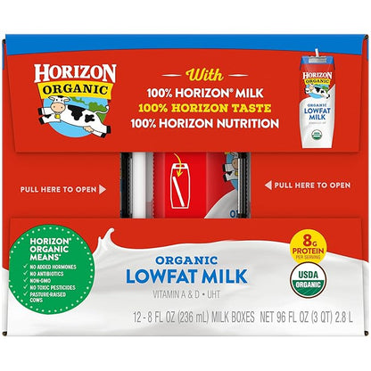 Horizon Organic Shelf Stable 1% Lowfat Milk Boxes, 8 fl oz, 12 Count - 8g Protein per Serving, USDA Organic UHT from Pasture-Raised Cows, Ready to Drink for Lunchbox, Travel, or On-the-Go, No Refrigeration Needed