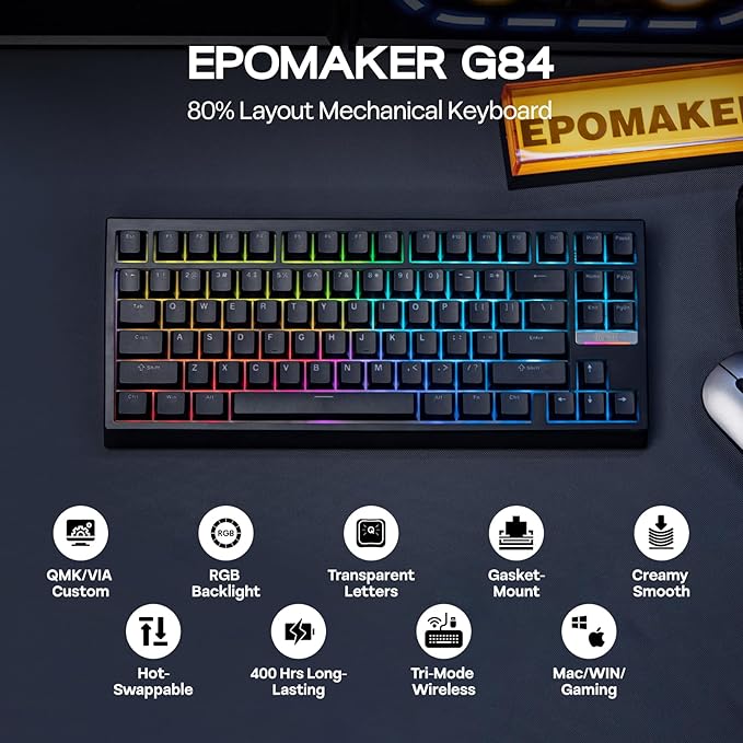 EPOMAKER G84 80% RGB Gaming Mechanical Keyboard, 2.4GHz/ Type-C/BT Wireless Keyboard, QMK/VIA Programmable, Hot-Swappable, NKRO, with Shine Through PBT Keycaps for Gamers (Black, Clear Switch)