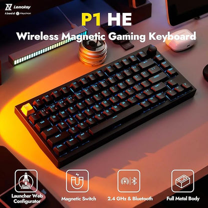 LEMOKEY P1 HE 75% Wireless Custom Mechanical Gaming Keyboard with Gateron Double-Rail Magnetic Switches Knob Version, QMK 2.4 GHz Bluetooth 5.2 RGB Backlight Compatible with Mac Windows Linux-Black