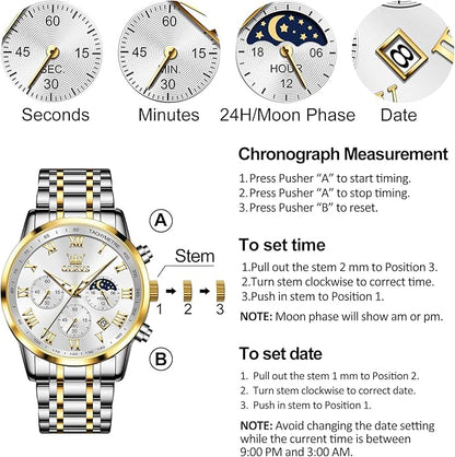 OLEVS Mens Stainless Steel Chronograph Watch, Big Face Roman Numerals Date Analog Quartz Dress Watches for Men, Fashion Multifunctional Waterproof Luminous Hands Men's Wristwatch