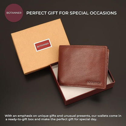 Genuine Leather Mens Bifold Flip ID Wallet RFID Blocking 8 Credit Card Slots 2 ID Window 2 Sections for Bills 3 Additional Slots | Choco