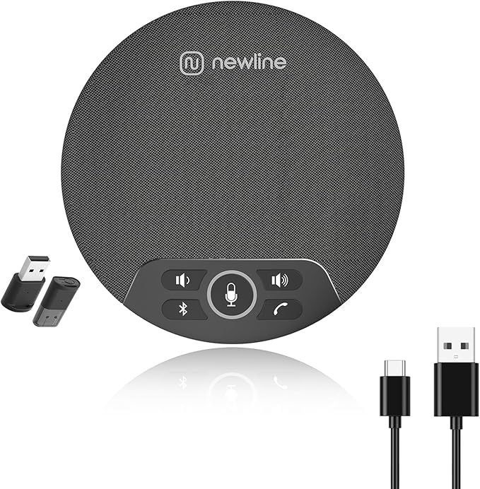 N newline USB Conference Microphone Speaker with Dongle, Bluetooth Speakerphone, 360° Voice Pickup, 4 Mics, Portable USB Speakerphone w/Noise Reduction for Home Office, Meeting Teams, Zoom, NewPie 30