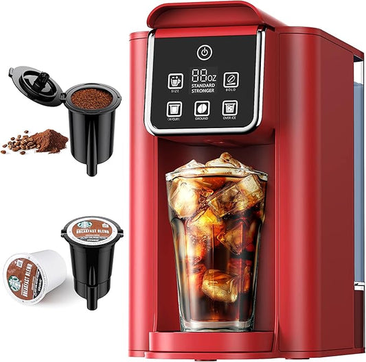 SHARDOR Single Serve Coffee Maker, Hot & Iced Coffee Machine for K Cup and Grounds, 6 to 14 oz Brew Sizes, 50 oz Removable Water Tank, Bold Brew Setting, Pod Coffee Maker with Reusable Filter, Red