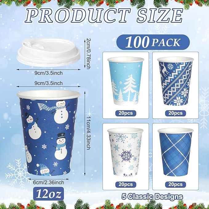 100 Set Christmas Coffee Paper Cups with Lids 12oz, Bulk Disposable Winter Coffee Cups, 5 Styles Xmas Holiday Cups for Hot Chocolate Cold Drinks Christmas New Year Winter Party Supplies Decorations