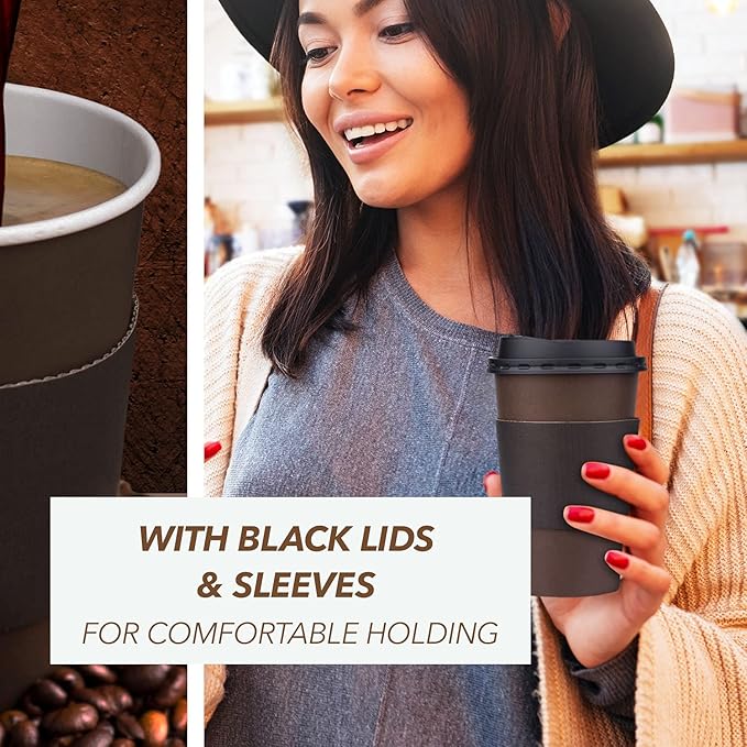 Promora 12 oz Brown Disposable Coffee Cups with Lids & Sleeves, Hot Coffee Cup Sleeves Disposable, Premium Insulated To Go Paper Cups (12 oz, Pack of 80) Brown and Black