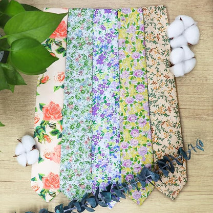 Cotton Floral Ties for Men 2.76" Men's Skinny Tie Linen Flower Printed Neck Tie for Wedding Dating Party