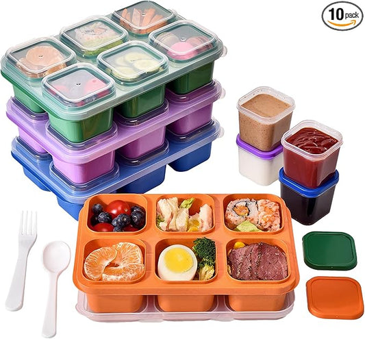 4-Pack Bento Box & Snack Containers for Kids & Adults | 6-Compartment with 4 Sauce Cups | BPA-Free, Dishwasher Safe | Ideal for School, Office, Picnic & Travel (38oz/1100ml)