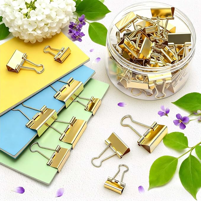 Fasmov 174 Pcs Gold Binder Clips Paper Clamps, Assorted Sizes Paper Clamps Clips (Small, Medium, Large), Office Clip with Container, Binder Clip for Office School and Home Supplies