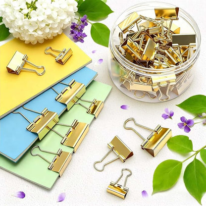 Fasmov 174 Pcs Gold Binder Clips Paper Clamps, Assorted Sizes Paper Clamps Clips (Small, Medium, Large), Office Clip with Container, Binder Clip for Office School and Home Supplies