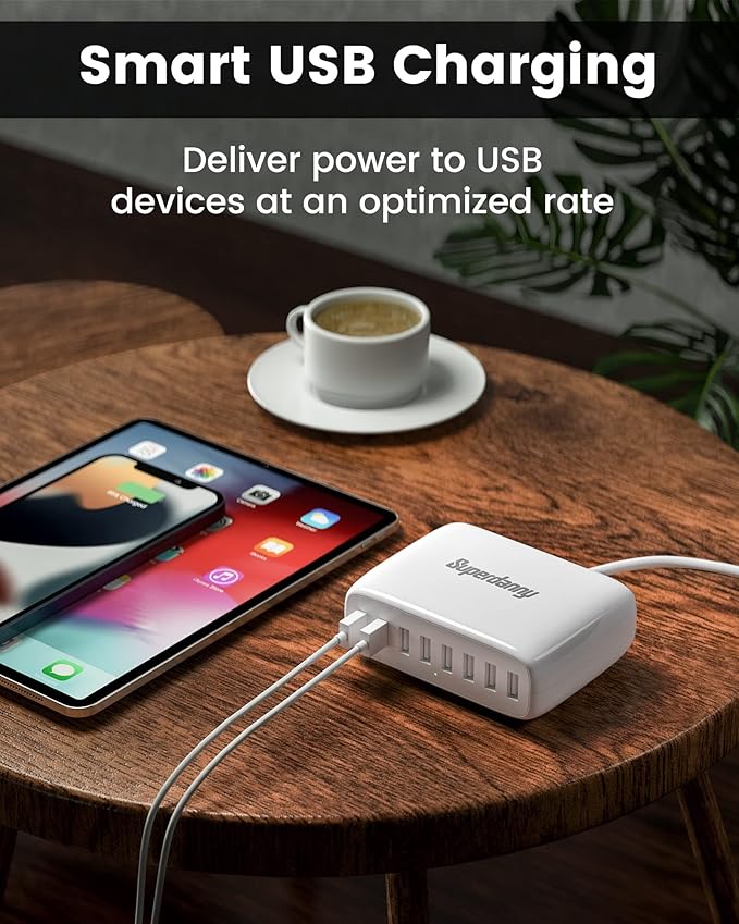 USB Charger Station, SUPERDANNY 8-Port Desktop Charging Station for Multiple Devices, Compatible with iPhone 11/X/Xs/Max/XR/SE/8/Plus, iPad Pro/Air/Mini, AirPods, Galaxy S10 Note, LG, and More, White