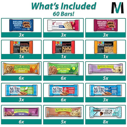 Mighty Merchandise Healthy Mixed Snack Bar Box Variety Basket | (Pack of 60) | Perfect for Men, Women, Adults, Office, School, College, Work | Gift Basket