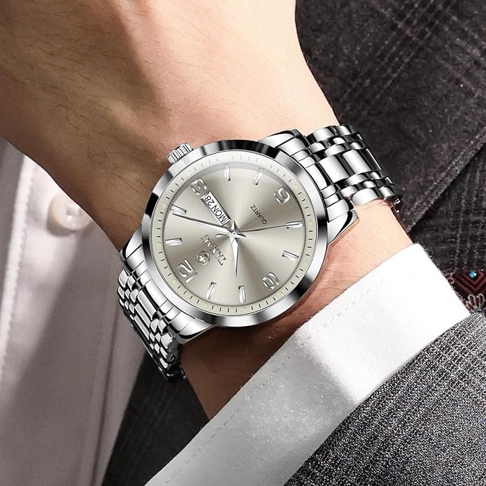 Stainless Steel Mens Watches with Day Date Quartz Analog Large Face Classic Watch Arabic Numerals Dress Luminous Rlojes para Hombres