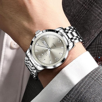 Stainless Steel Mens Watches with Day Date Quartz Analog Large Face Classic Watch Arabic Numerals Dress Luminous Rlojes para Hombres