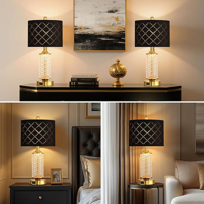QiMH Set of 2 Table Lamps with USB A+C Ports, Black Grid Shade Modern Bedside Lamp with LED Night Light for Bedroom, Nightstand Lamps for Living Room Office, Gold(2 Bulbs Included)
