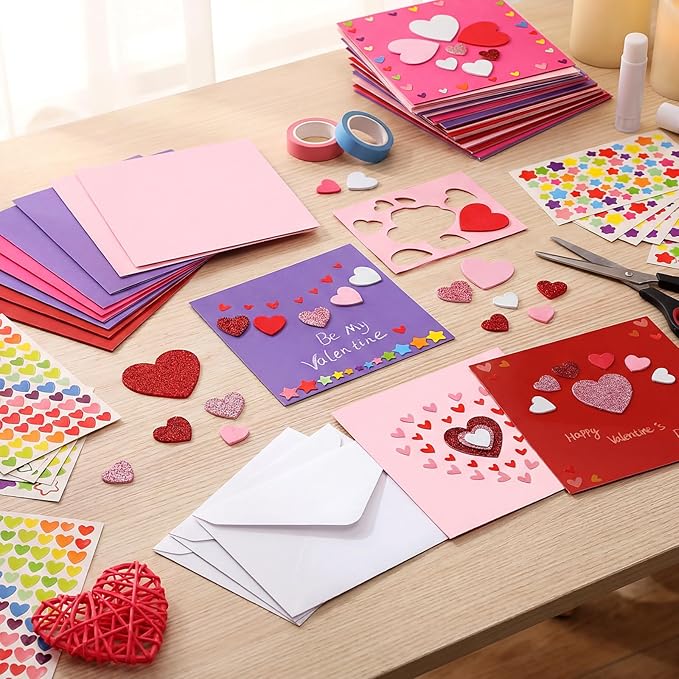 Zonon 16 Pack Valentines Crafts DIY Card Valentines's Day Kits Foam Heart Sticker Craft DIY Kits Envelopes Cards Set for Exchange Gifts (Bright Color)