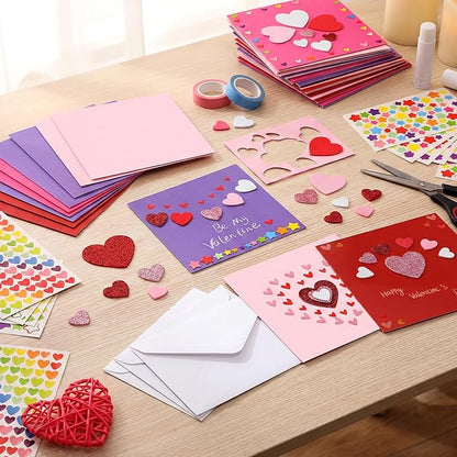 Zonon 16 Pack Valentines Crafts DIY Card Valentines's Day Kits Foam Heart Sticker Craft DIY Kits Envelopes Cards Set for Exchange Gifts (Bright Color)