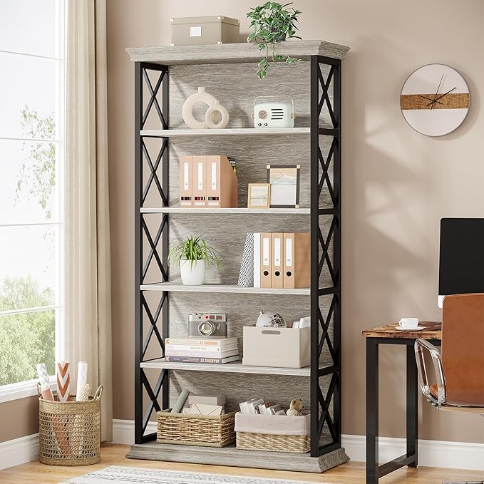 Tribesigns 6-Tier Bookcase, 71 Inches Industrial Bookshelves and Bookcases, Floor Standing 5 Shelf Display Storage Shelves Tall Bookcase for Home Office, Living Room, Bed Room, Grey and Black