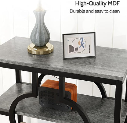 End Table Set of 2, Narrow Side Table with 3-Tier Storage Shelves, Wood Sofa Side Table with Geometric Metal Frame for Living Room, Industrial Bedside Nightstand for Bedroom (Gray)
