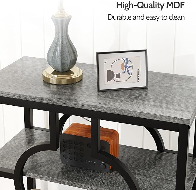 End Table, Narrow Side Table with 3-Tier Storage Shelves, Wood Sofa Side Table with Geometric Metal Frame for Living Room, Industrial Bedside Nightstand for Bedroom (1, Rustic Gray)