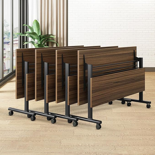 Conference Room Table, 55 Inch Folding Conference Tables with Wheels, Modern Office Meeting Table, Easy Flip & Nest Design, Rectangular Seminar Tables with Metal Frame for 2-24 People(D 4PCS)