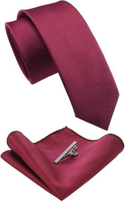JEMYGINS 2.4" Solid Color Skinny Tie and Pocket Square with Tie Clip Sets for Men (6cm)