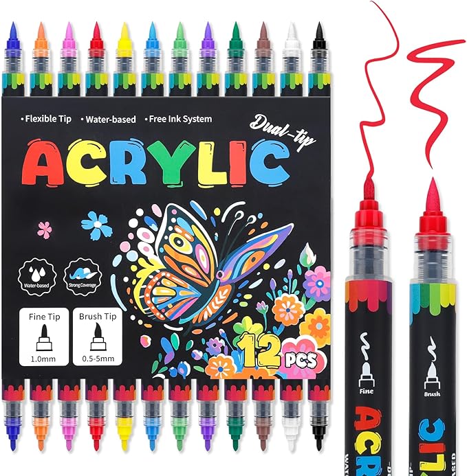 12 Colors Dual Tip Acrylic Paint Markers, Water-Based Permanent Acrylic Pens with Fine & Brush Tip for Rock Painting, Canvas, Glass, Wood, Ceramic, Fabric