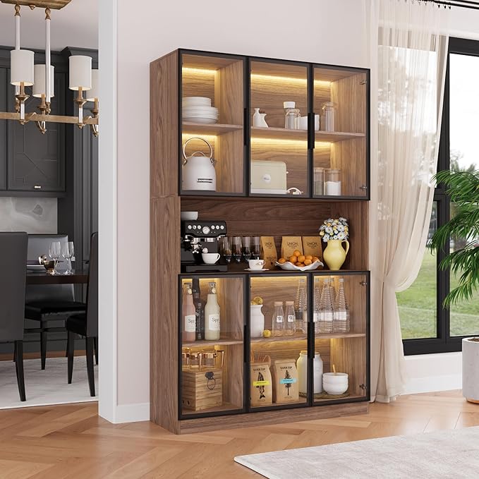 78.7" H Display Cabinet with 6 Glass Doors and Lights, Storage Cabinets Modern Bookcase with Hutch for Collectible, Display Case/Glass Curio Cabinets for Living Room,Walnut