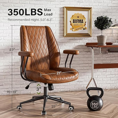 Brown Leather Office Desk Chair with Wheels, Quiet Casters, Height Adjustable, Padded Arms, Vintage Mid Century Office Chair, Retro Style Desk Chair