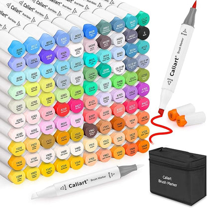 Caliart Alcohol Brush Tip Markers, 101 Colors Adult Coloring Markers Set Dual Tip Chisel & Brush for Artists Drawing Illustration Sketching, with Case Permanent Colored Art Pens Drawing Supplies
