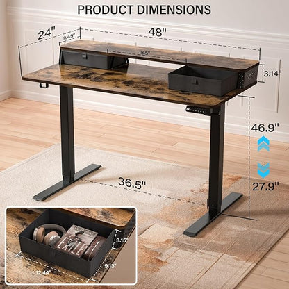 Electric Standing Desk with 2 Drawers 48''x 24'' Adjustable Height Sit to Stand Up Desk with Storage Shelf C-Clamp Mount Compatible Home Office Desks Computer Gaming Table Ergonomic Workstation