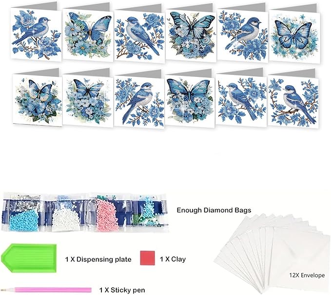 jinglinhh 12pcs Diamond Art Painting Butterfly Bluebird Greeting Cards with Envelopes, DIY Card Making Kits for Adults, Diamond Art Postcards Christmas Cards Craft Gifts