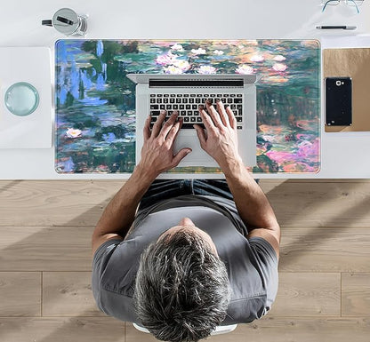 Abstract Oil Painting Mousepad Retro Water Lilies Desk Mat, XXL Large Extended Mouse Pad Gaming, Computer Laptop Keyboard and Mouse Mat, Floral Desk Pad with Stitched Edge, 31.5''x15.7''