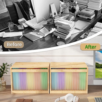 Bamboo Hanging File Boxes with Lids 2 Pack, File Organizer Box for Letter/Legal File, File Box with Hanging Folders Acrylic Light Easy Assembly File Storage Boxes for Home Office, Natural