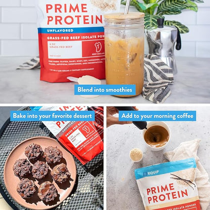 Equip Foods Prime Protein Powder | Clean, Grass Fed Beef Protein Powder | Carnivore Protein Isolate | Paleo, Keto Friendly | Gluten & Dairy Free | Helps Build & Repair Tissue | 30 Servings, Unflavored