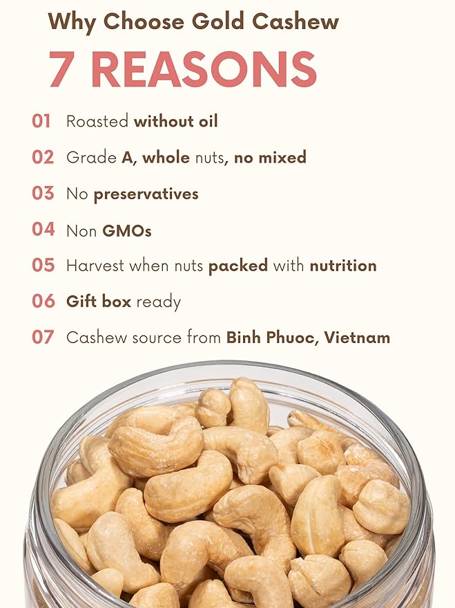 Cashews Roasted Lightly Salted - Snacks for Adults, Whole Nut (No Mixed), Oil Free Roast, Farm Fresh, Plant Based Protein, Healthy Nuts, Ingredients: Cashew Nuts & Sea Salt, 17.64 oz (Pack of 1)
